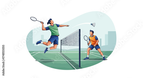 Dynamic illustration of two badminton players engaged in an intense match, one airborne for a powerful smash shot as the shuttlecock flies over the net, on an outdoor court with a city backdrop
