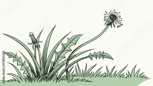 Dandelion Seeds Head Grass Meadow Botanical Illustration Nature Drawing Spring Summer Floral Design Element.