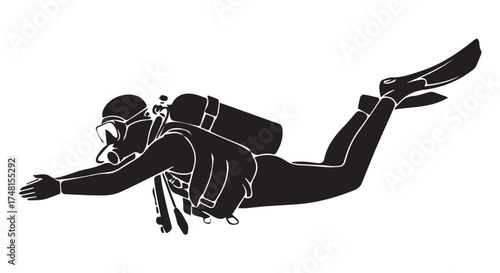 Silhouette of a scuba diver swimming underwater with scuba gear and fins isolated on transparent background