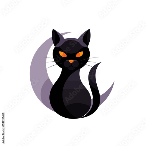 A mysterious black cat with glowing orange eyes sitting in front of a purple crescent moon, a magical Halloween symbol vector illustration
