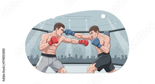 Two male athletes engaged in a boxing match within a ring, with spectators in the background, illustrating combat sports and competition