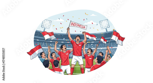 A jubilant Indonesian sports team celebrates victory with flags and confetti amidst a cheering stadium crowd