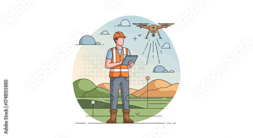 Drone Operator Supervising Aerial Surveying in Scenic Landscape with Cloud and Vegetation