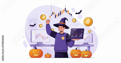 A successful cryptocurrency trader in a witch costume celebrating financial gains during the Halloween season with pumpkins and bats