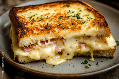 Close-Up of Melted Cheese Croque-Monsieur Sandwich