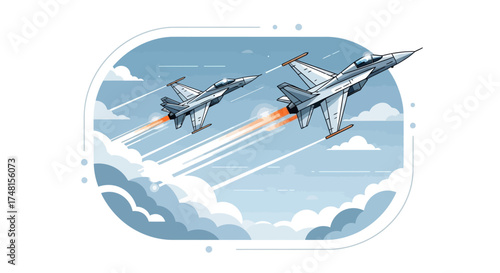 Dynamic illustration of two powerful modern jet aircraft soaring through the sky above fluffy clouds, leaving trails of speed and might, symbolizing aerospace excellence and national defense