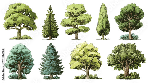 Vibrant Lush Green Trees Collection in Nature Forest - Plants Ecology Environment