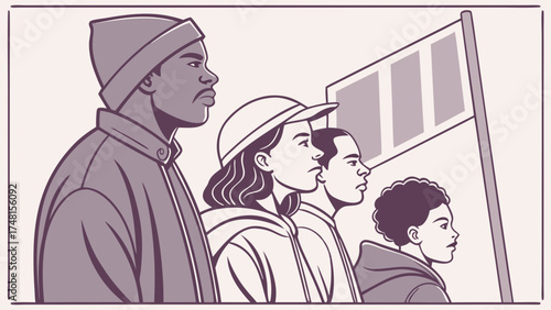 Diverse group of people standing together holding a sign illustration social justice unity equality.