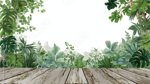 Serene Lush Jungle Canopy Wooden Platform Background Vector Illustration