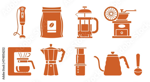 Collection of coffee brewing equipment and accessories isolated on transparent background