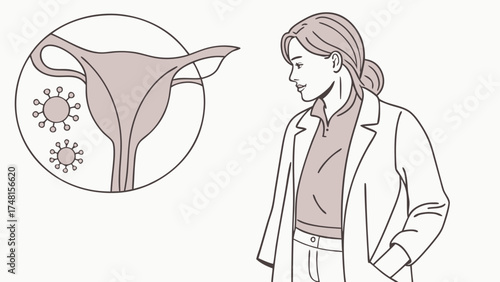 Female reproductive system virus healthcare medical illustration doctor woman line art minimalist design female anatomy gynecology health wellness disease infection illness biology.