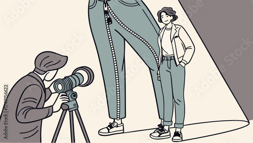 Fashion Photography Studio Shoot Model Posing Clothing Design Apparel Illustration Photographer at Work Camera on Tripod Zoom Lens Light Setup Backstage Stylish Pants Casual Outfit Tr.