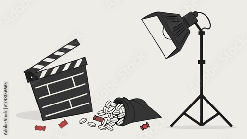 Film Production Setup with Clapperboard Lighting and Props.