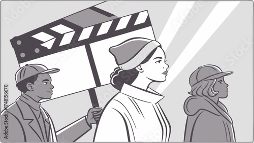 Film crew movie production clapperboard behind the scenes filmmaking cinema film industry movie making production team movie set illustration vector art graphic design black and whit.