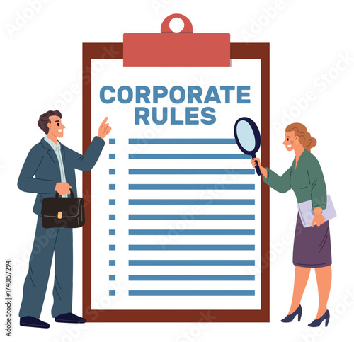 Woman with magnifying glass examines corporate rules, operating principles and guidelines. Big document pages tablet. People reading company agreement. Office policy. Vector concept