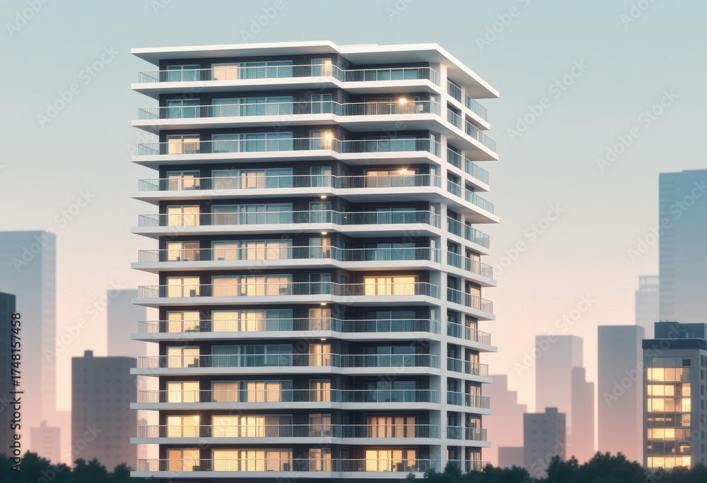 Fototapeta premium Modern multi story residential building against city skyline at dusk