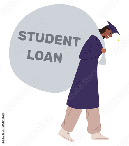 Tired girl student with big bag of loans behind her back. Heavy debt burden. Credit pressure. Graduation expenses. Anxiety woman. Vector concept of value university or college education