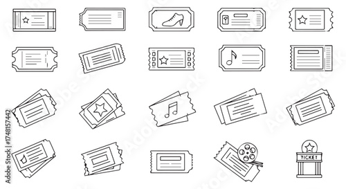 Collection of ticket icons in various designs and orientations, representing entry, event, and admission isolated on transparent background