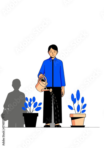 Flat Vector Illustration of Man Watering Potted Plants
