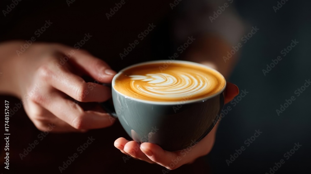 Fototapeta premium Pair of hands holding a cup of coffee. the cup is black and the coffee is a light brown color. the coffee has a latte art design on it, with swirls and curves that create a beautiful pattern.