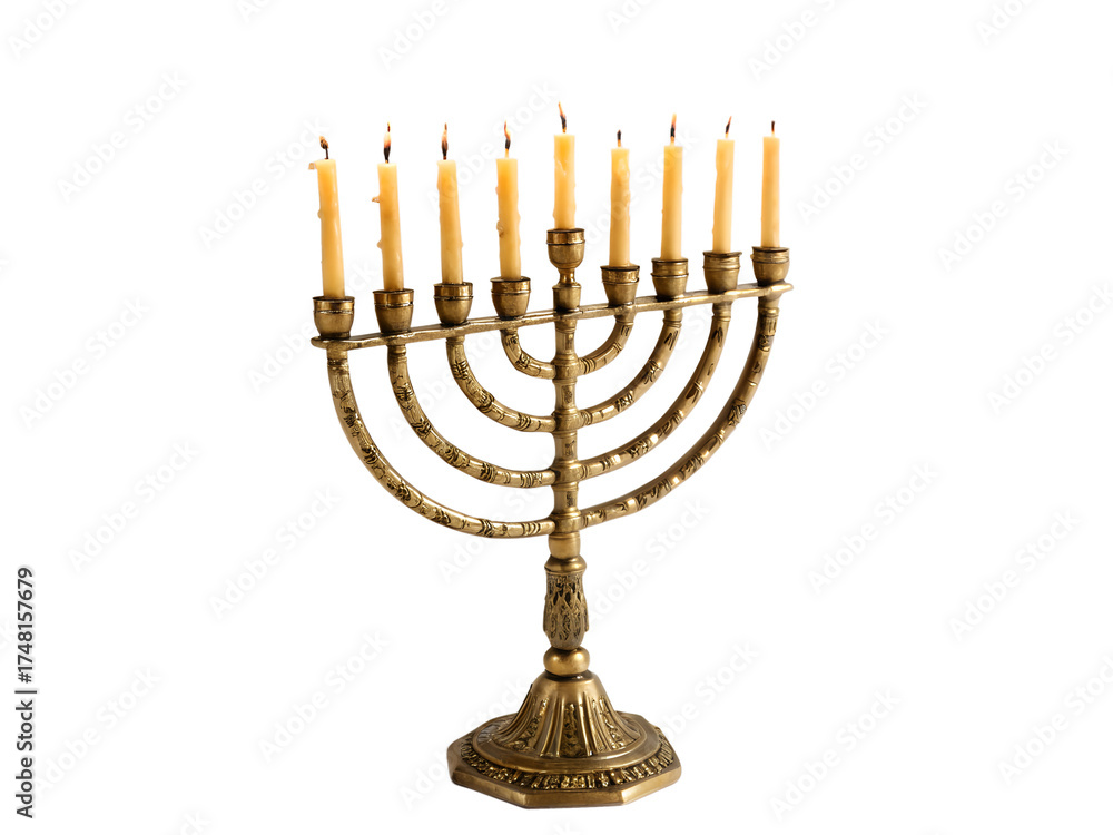 Fototapeta premium A lit menorah with nine candles burning brightly, isolated on transparent background