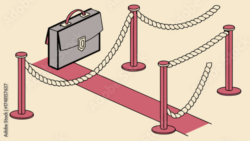 A briefcase on a red carpet with stanchions and rope symbolic of exclusivity success or VIP access.