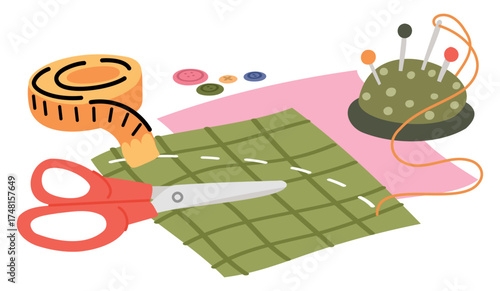 Sewing tools and materials. Needles and pins with thread. Pieces of fabric. Scissors and measuring tape. Seamstress workshop. Handicraft hobby. Handmade clothes. Dressmaking vector set