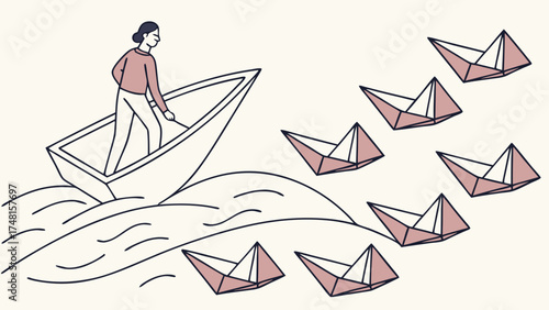 A person in a boat leads a fleet of paper boats on wavy water leadership teamwork and success concept illustration.