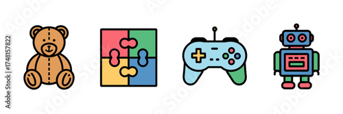 Flat vector icon sheet of classic and modern toys – Perfect for toy catalog design, playful branding, or educational materials