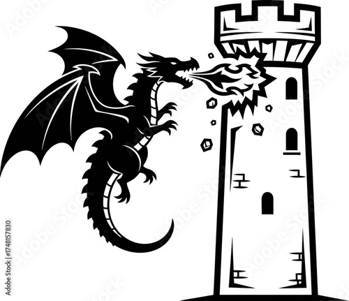 Black dragon attack on medieval tower. Fantasy monster spitting fire on ancient castle. Vector illustration in woodcut style for icon