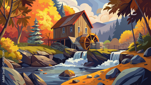 Very beautiful Babcock State Park in West Virginia, USA, with the Glade Creek Grist Mill, vector-style autumn landscape emphasizing warm tones, rustic mill structure, and forest harmony.