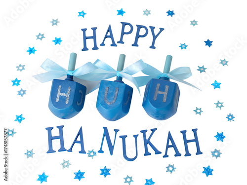 Happy hanukkah greeting with blue dreidels and stars isolated on transparent background