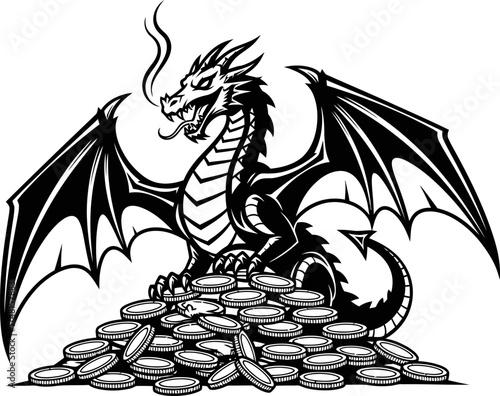Angry fantasy dragon sitting on pile of gold coins. Mysterious beast guarding treasure. Mythology and financial concept. Vector illustration