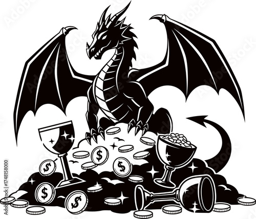 Dark dragon protecting a treasure hoard of gold coins and chalices, fantasy concept. Vector illustration for sticker, emblem, logo, print
