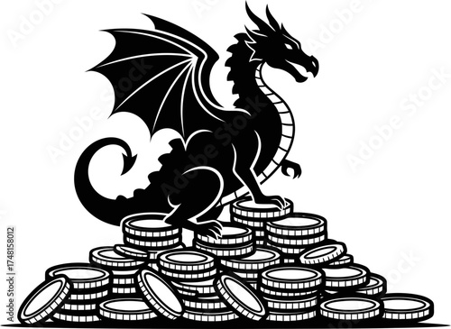 Dragon sitting on a pile of gold coin. Treasure guardian and wealth concept. Vector illustration for logo, emblem, symbol, game art, t-shirt