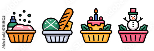 Vector icon sheet of themed gift baskets: spa, food, birthday, and holiday – Great for marketing visuals, festive branding, or seasonal promotions