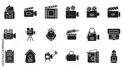 Assortment of film and cinema related icons, including cameras, film reels, and production equipment, isolated on transparent background