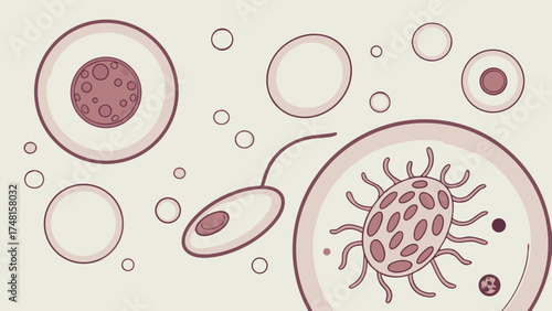 Abstract illustration of cells and microorganisms scientific background medical concept biology healthcare education vector graphic microscopic view cellular structure cell biology micr.