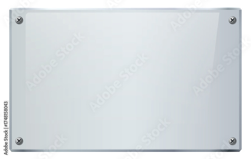 Realistic metal plate screwed together. Aluminum frame mockup. Blank banner attached with bolt rivets. Polished empty board. Signboard at wall. Nameplate titanium plaque. Vector background