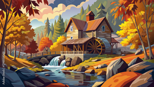Very beautiful Babcock State Park in West Virginia, USA, with the Glade Creek Grist Mill, vector-style autumn landscape emphasizing warm tones, rustic mill structure, and forest harmony.
