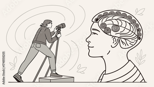 Abstract Illustration of Person Using Camera to Capture Thoughts or Ideas.