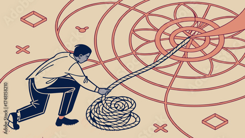 Abstract Illustration of Person Pulling Rope Towards Geometric Spiral Design.