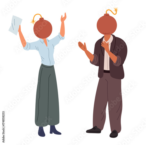 Office workers with bombs instead of heads that about to explode. Mental problems. Abuse quarrel. People with anxiety and stress. Furious conversation. Aggressive talk. Vector concept