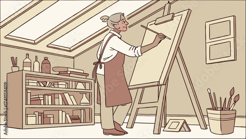 Artist painting at easel in art studio with skylights.