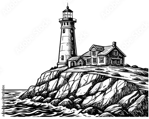 Vintage Hand-Drawn Lighthouse on Rocky Cliff – Black and White Ink Sketch Illustration. dramatic black and white drawing of a lonely lighthouse on a rocky coast.