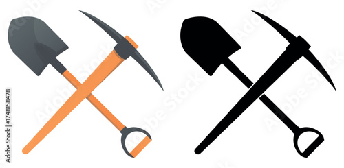 Icon of crossed shovels and pickaxes. Miners tools. Black silhouette axe. Digging scoop. Construction equipment. Spade for mining. Goldminer inventory. Ore excavation. Vector symbols set