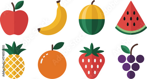 Collection of Geometric Style Icons Representing Fresh Healthy Fruits and Delicious Juicy Treats