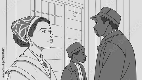 Black and White Illustration of a Family in Conversation.