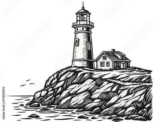 Vintage Hand-Drawn Lighthouse on Rocky Cliff – Black and White Ink Sketch Illustration. dramatic black and white drawing of a lonely lighthouse on a rocky coast.