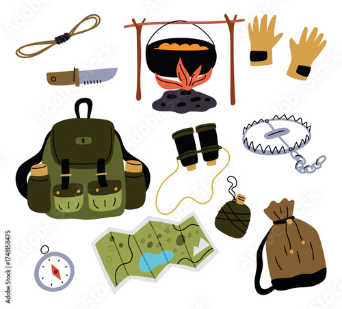 Hunter tools. Camping backpack. Travel map and compass. Rope and knife. Hunting trap. Huntsman adventure. Binoculars and flask bottle. Forest expedition. Vector isolated objects set